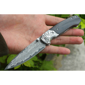 Real Damascus Blade Material Steel Pattern Black Fox  Folding Ebony Handle Folding Knife Unique and Personalized Gift UD405513